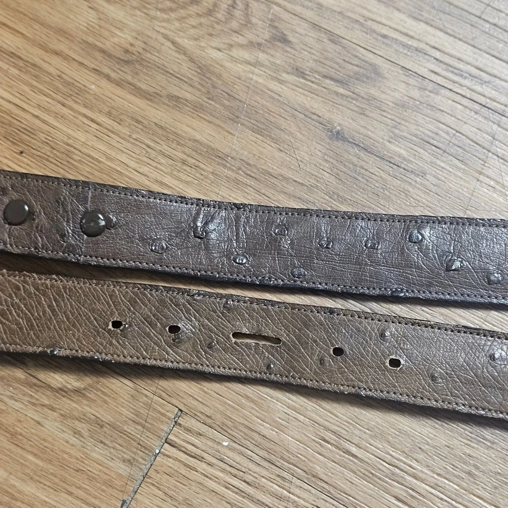 Vintage Brown Ostrich Leather Western Belt Mens 36 Engraved Silver Buckle Cowboy